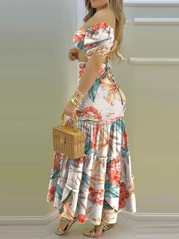 Floral Print Crop Top & Frill Hem Shirred Slit Maxi Skirt Set - Two-piece Outfits - INS | Online Fashion Free Shipping Clothing, Dresses, Tops, Shoes - 28/04/2021 - Color_Multicolor - DRE210428108