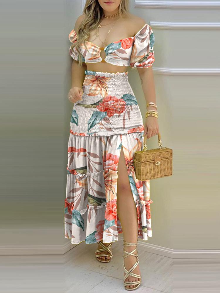 Floral Print Crop Top & Frill Hem Shirred Slit Maxi Skirt Set - Two-piece Outfits - INS | Online Fashion Free Shipping Clothing, Dresses, Tops, Shoes - 28/04/2021 - Color_Multicolor - DRE210428108