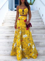 Floral Print Crop Top & Maxi Skirt Set - Two-piece Outfits - INS | Online Fashion Free Shipping Clothing, Dresses, Tops, Shoes - 29/04/2021 - Color_Yellow - Maxi Dresses