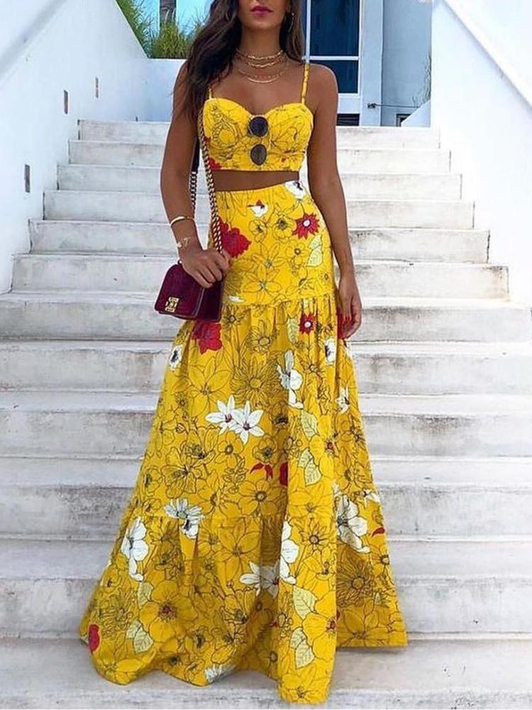 Floral Print Crop Top & Maxi Skirt Set - Two-piece Outfits - INS | Online Fashion Free Shipping Clothing, Dresses, Tops, Shoes - 29/04/2021 - Color_Yellow - Maxi Dresses