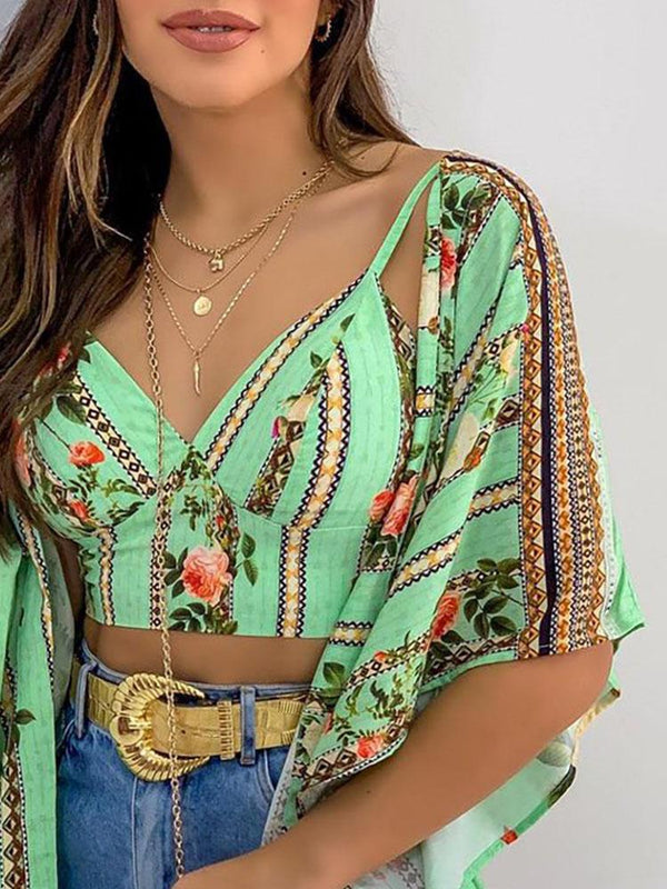 Floral Print Crop Top & Ruffles Cover Up Set - Tank Tops - INS | Online Fashion Free Shipping Clothing, Dresses, Tops, Shoes - 28/04/2021 - Color_Green - Color_Multicolor