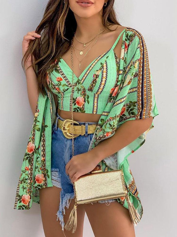 Floral Print Crop Top & Ruffles Cover Up Set - Tank Tops - INS | Online Fashion Free Shipping Clothing, Dresses, Tops, Shoes - 28/04/2021 - Color_Green - Color_Multicolor