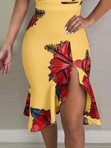 Floral Print Deep V-Neck Irregular Dress - Midi Dresses - INS | Online Fashion Free Shipping Clothing, Dresses, Tops, Shoes - 20-30 - 29/06/2021 - Category_Midi Dresses