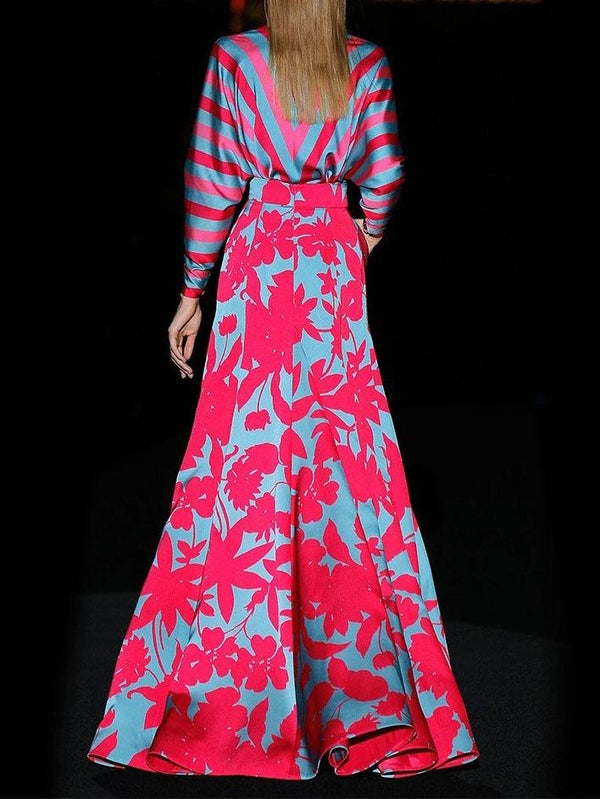 Floral Print Deep V-neck Long Sleeve Mopping Dress - Maxi Dresses - INS | Online Fashion Free Shipping Clothing, Dresses, Tops, Shoes - 17/07/2021 - 40-50 - color-pink