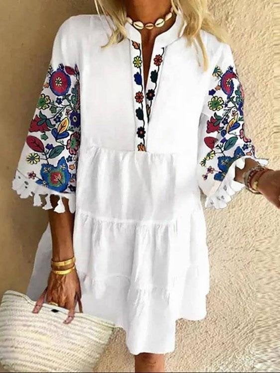 Floral Print Fringed V-neck Mini Dress - Mini Dresses - INS | Online Fashion Free Shipping Clothing, Dresses, Tops, Shoes - 02/06/2021 - Category_Mini Dresses - Color_Black