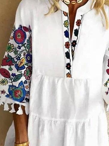 Floral Print Fringed V-neck Mini Dress - Mini Dresses - INS | Online Fashion Free Shipping Clothing, Dresses, Tops, Shoes - 02/06/2021 - Category_Mini Dresses - Color_Black