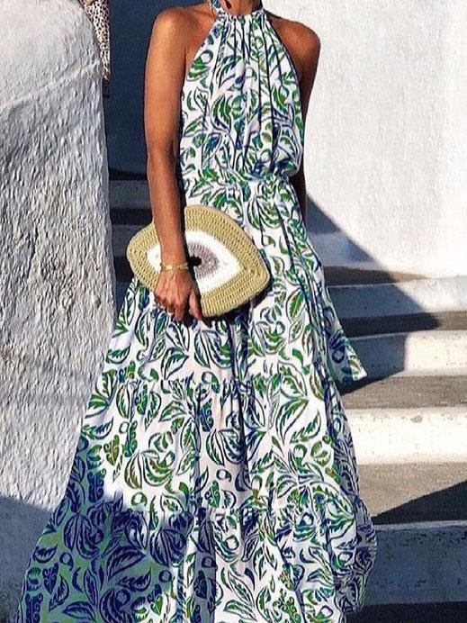 Floral Print Halter Bohemian Long Skirt - Maxi Dresses - INS | Online Fashion Free Shipping Clothing, Dresses, Tops, Shoes - 07/06/2021 - Color_Blue - Color_Green