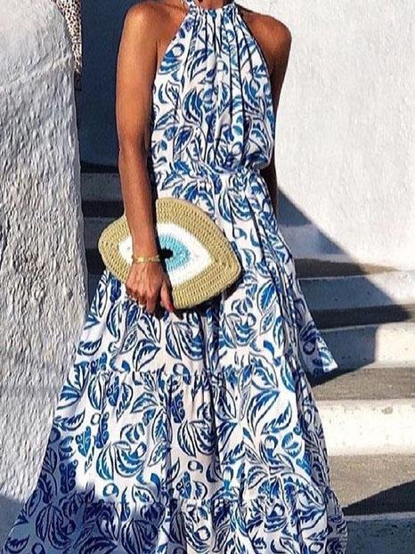 Floral Print Halter Bohemian Long Skirt - Maxi Dresses - INS | Online Fashion Free Shipping Clothing, Dresses, Tops, Shoes - 07/06/2021 - Color_Blue - Color_Green