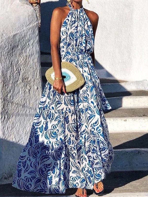 Floral Print Halter Bohemian Long Skirt - Maxi Dresses - INS | Online Fashion Free Shipping Clothing, Dresses, Tops, Shoes - 07/06/2021 - Color_Blue - Color_Green