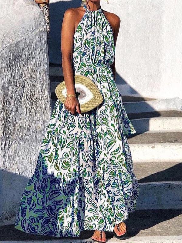 Floral Print Halter Bohemian Long Skirt - Maxi Dresses - INS | Online Fashion Free Shipping Clothing, Dresses, Tops, Shoes - 07/06/2021 - Color_Blue - Color_Green