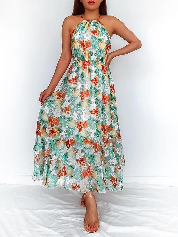 Floral Print Halter Sleeveless Dress - Midi Dresses - INS | Online Fashion Free Shipping Clothing, Dresses, Tops, Shoes - 18/06/2021 - 30-40 - color-black