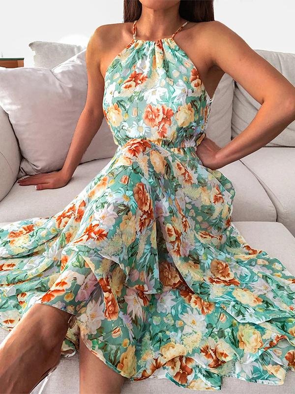 Floral Print Halter Sleeveless Dress - Midi Dresses - INS | Online Fashion Free Shipping Clothing, Dresses, Tops, Shoes - 18/06/2021 - 30-40 - color-black