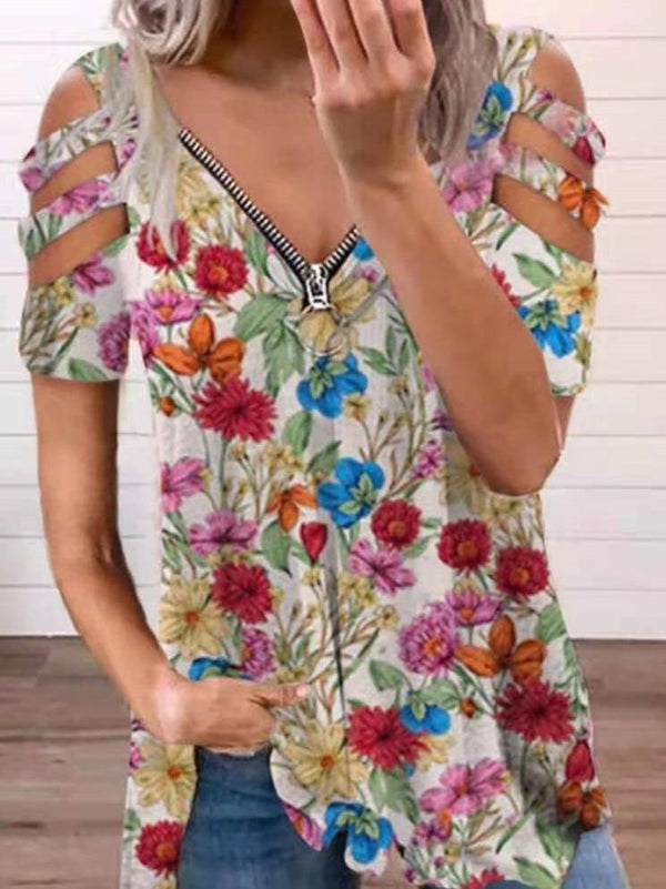 Floral Print Hollow V-neck Zipper T-shirts - T-Shirts - INS | Online Fashion Free Shipping Clothing, Dresses, Tops, Shoes - 09/06/2021 - Category_T-Shirts - HDL