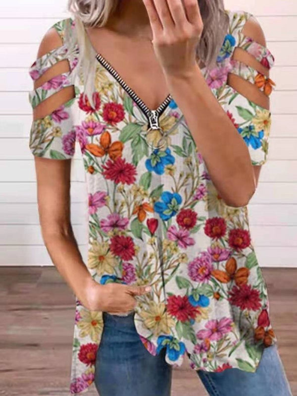 Floral Print Hollow V-neck Zipper T-shirts - T-Shirts - INS | Online Fashion Free Shipping Clothing, Dresses, Tops, Shoes - 09/06/2021 - Category_T-Shirts - HDL