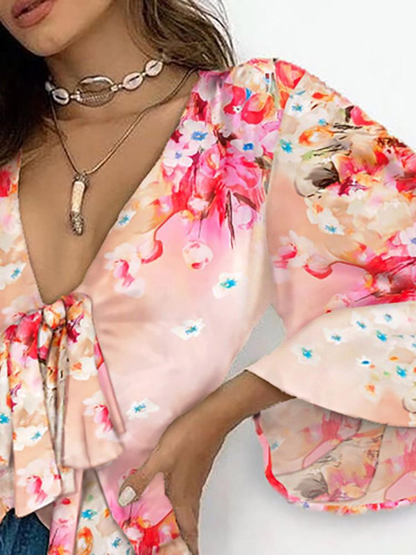 Floral Print Knotted Front Ruffles Trim Top - Blouses - INS | Online Fashion Free Shipping Clothing, Dresses, Tops, Shoes - 28/04/2021 - BLO210428057 - Blouses