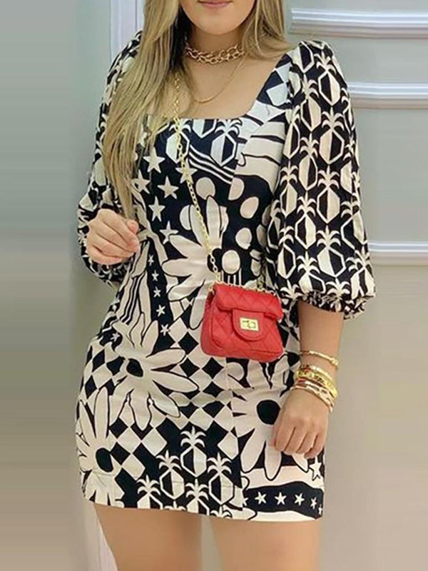 Floral Print Lantern Sleeve Casual Dress - Mini Dresses - INS | Online Fashion Free Shipping Clothing, Dresses, Tops, Shoes - 29/04/2021 - Category_Mini Dresses - Color_Black