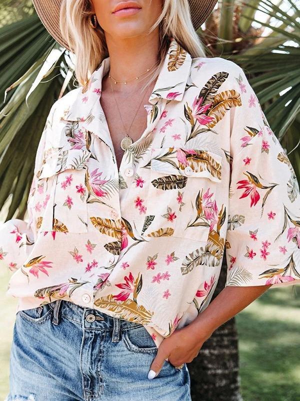 Floral Print Lapel Mid-sleeve Pocket Blouse - Blouses - INS | Online Fashion Free Shipping Clothing, Dresses, Tops, Shoes - 10/06/2021 - BLO2106100087 - Blouses