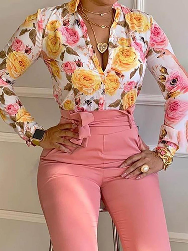 Floral Print Long Sleeve Shirt & Pants Set - Two-piece Outfits - INS | Online Fashion Free Shipping Clothing, Dresses, Tops, Shoes - 04/05/2021 - Color_Pink - SET210504051