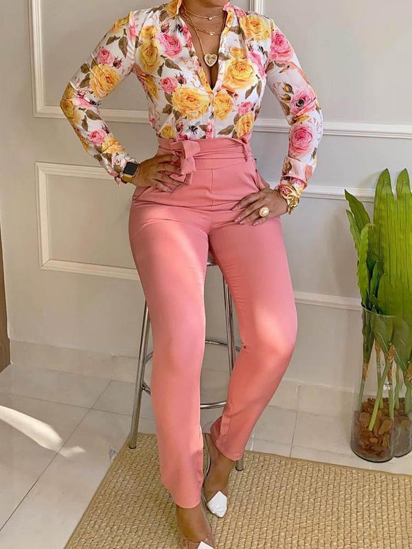 Floral Print Long Sleeve Shirt & Pants Set - Two-piece Outfits - INS | Online Fashion Free Shipping Clothing, Dresses, Tops, Shoes - 04/05/2021 - Color_Pink - SET210504051