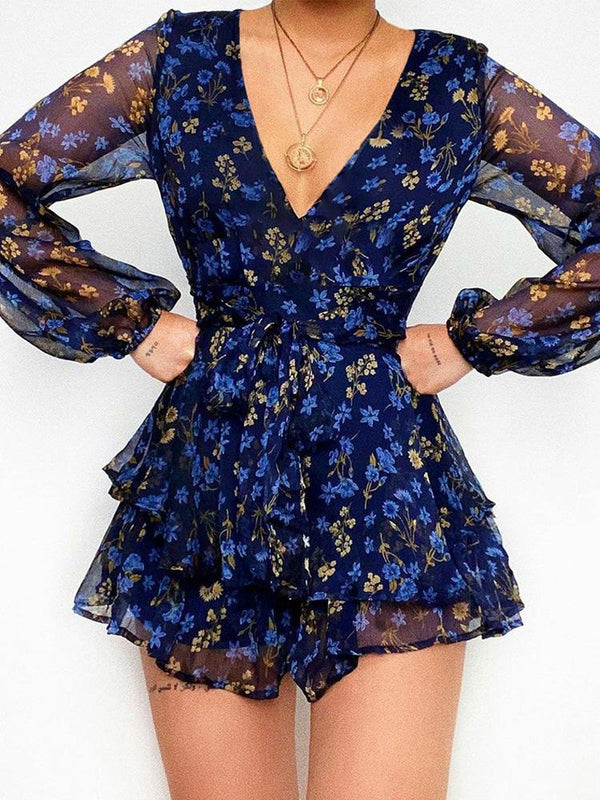 Floral Print Long Sleeve Strappy Rompers - Rompers - INS | Online Fashion Free Shipping Clothing, Dresses, Tops, Shoes - 04/05/2021 - Category_Rompers - Color_Black