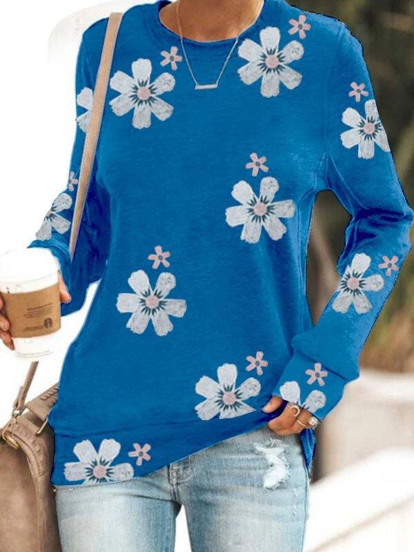 Floral Print Long-sleeved T-shirt - T-shirts - INS | Online Fashion Free Shipping Clothing, Dresses, Tops, Shoes - 10-20 - 12/07/2021 - color-blue