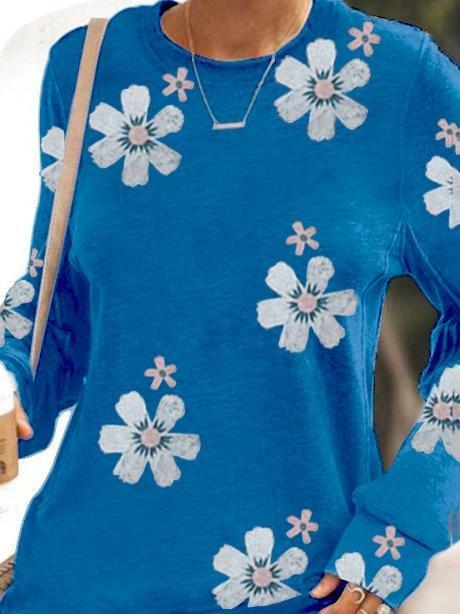 Floral Print Long-sleeved T-shirt - T-shirts - INS | Online Fashion Free Shipping Clothing, Dresses, Tops, Shoes - 10-20 - 12/07/2021 - color-blue