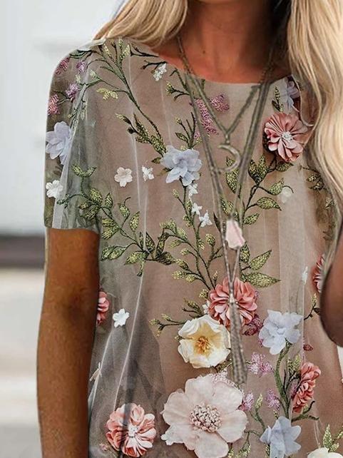 Floral Print Loose Short Sleeve Top - T-shirts - INS | Online Fashion Free Shipping Clothing, Dresses, Tops, Shoes - 01/07/2021 - 10-20 - color-blue