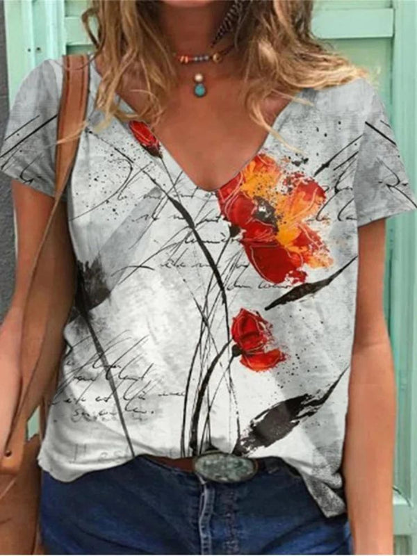 Floral Print Loose Short-sleeved Top - T-shirts - INS | Online Fashion Free Shipping Clothing, Dresses, Tops, Shoes - 10-20 - 21/06/2021 - color-gray