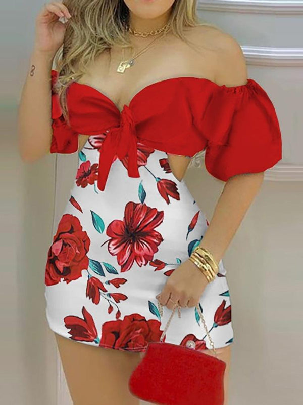 Floral Print Off Shoulder Knotted Puff Sleeve Skorts Romper - Rompers - INS | Online Fashion Free Shipping Clothing, Dresses, Tops, Shoes - 04/05/2021 - Category_Rompers - Color_Red