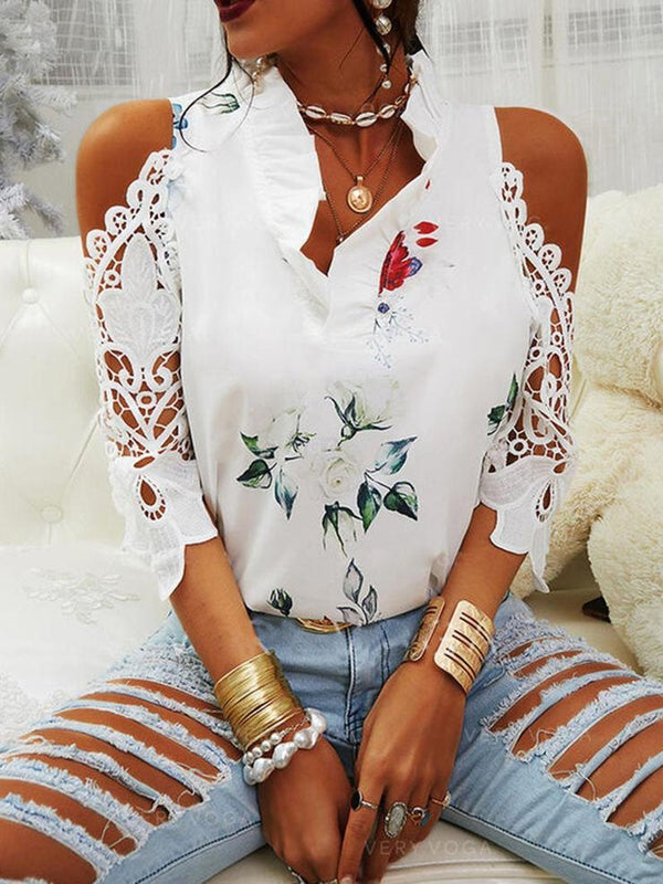 Floral Print Off-Shoulder Lace Stitching Long Sleeves Blouses - Blouses - INS | Online Fashion Free Shipping Clothing, Dresses, Tops, Shoes - 02/07/2021 - 20-30 - BLO2107021142