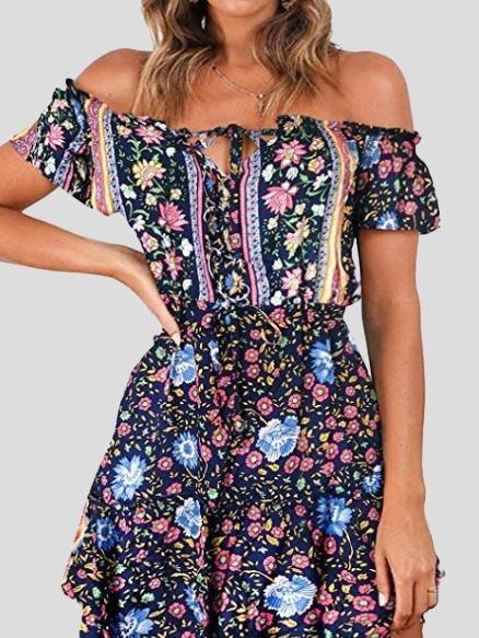 Floral Print Off Shoulder Strapless Dress - Mini Dresses - INS | Online Fashion Free Shipping Clothing, Dresses, Tops, Shoes - 17/07/2021 - 20-30 - color-blue