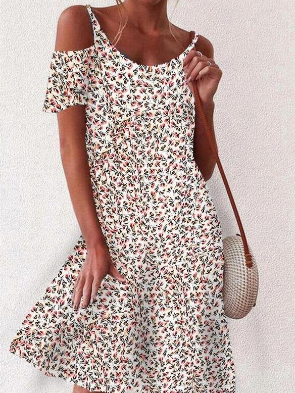 Floral Print Off The Shoulder Mini Dress - Mini Dresses - INS | Online Fashion Free Shipping Clothing, Dresses, Tops, Shoes - 24/05/2021 - Category_Mini Dresses - Color_Apricot