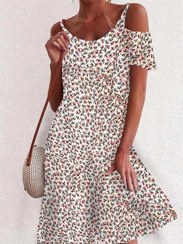 Floral Print Off The Shoulder Mini Dress - Mini Dresses - INS | Online Fashion Free Shipping Clothing, Dresses, Tops, Shoes - 24/05/2021 - Category_Mini Dresses - Color_Apricot