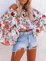 Floral Print One-shoulder Flared Sleeve Top - Blouses - INS | Online Fashion Free Shipping Clothing, Dresses, Tops, Shoes - 11/06/2021 - BLO2106110097 - Blouses