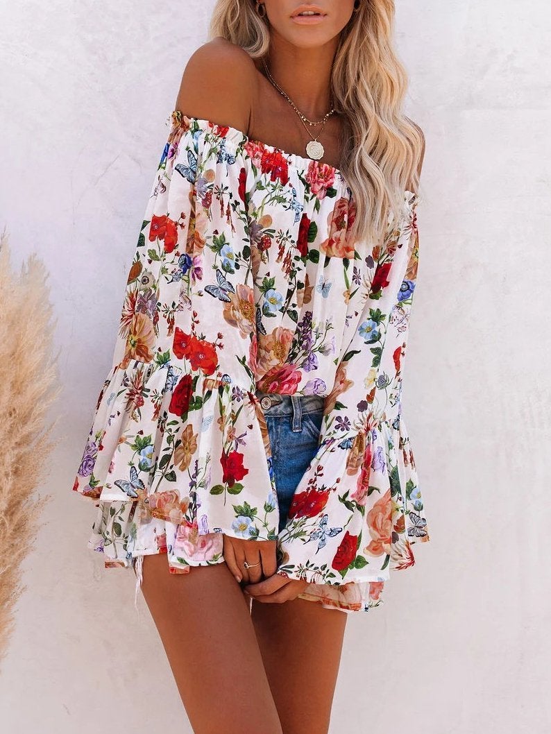 Floral Print One-shoulder Flared Sleeve Top - Blouses - INS | Online Fashion Free Shipping Clothing, Dresses, Tops, Shoes - 11/06/2021 - BLO2106110097 - Blouses