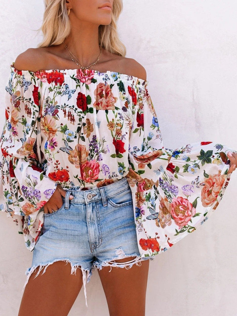 Floral Print One-shoulder Flared Sleeve Top - Blouses - INS | Online Fashion Free Shipping Clothing, Dresses, Tops, Shoes - 11/06/2021 - BLO2106110097 - Blouses