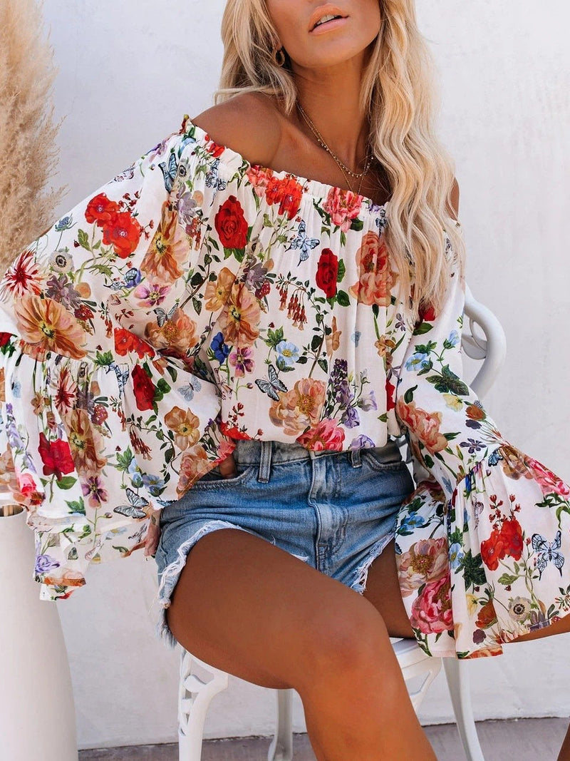 Floral Print One-shoulder Flared Sleeve Top - Blouses - INS | Online Fashion Free Shipping Clothing, Dresses, Tops, Shoes - 11/06/2021 - BLO2106110097 - Blouses