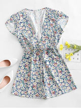 Floral Print Plunge Neck Belted Romper - INS | Online Fashion Free Shipping Clothing, Dresses, Tops, Shoes