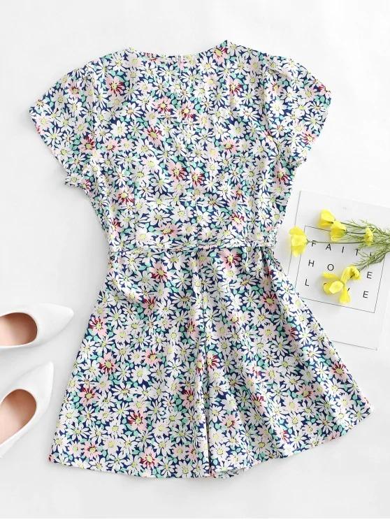 Floral Print Plunge Neck Belted Romper - INS | Online Fashion Free Shipping Clothing, Dresses, Tops, Shoes