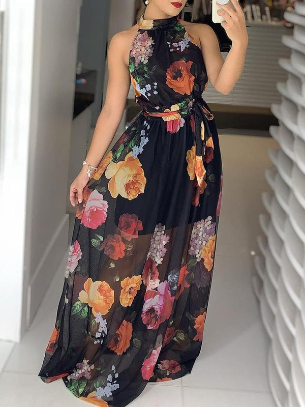 Floral Print Round Neck Maxi Dress - Maxi Dresses - INS | Online Fashion Free Shipping Clothing, Dresses, Tops, Shoes - 28/04/2021 - Category_Maxi Dresses - Color_Black