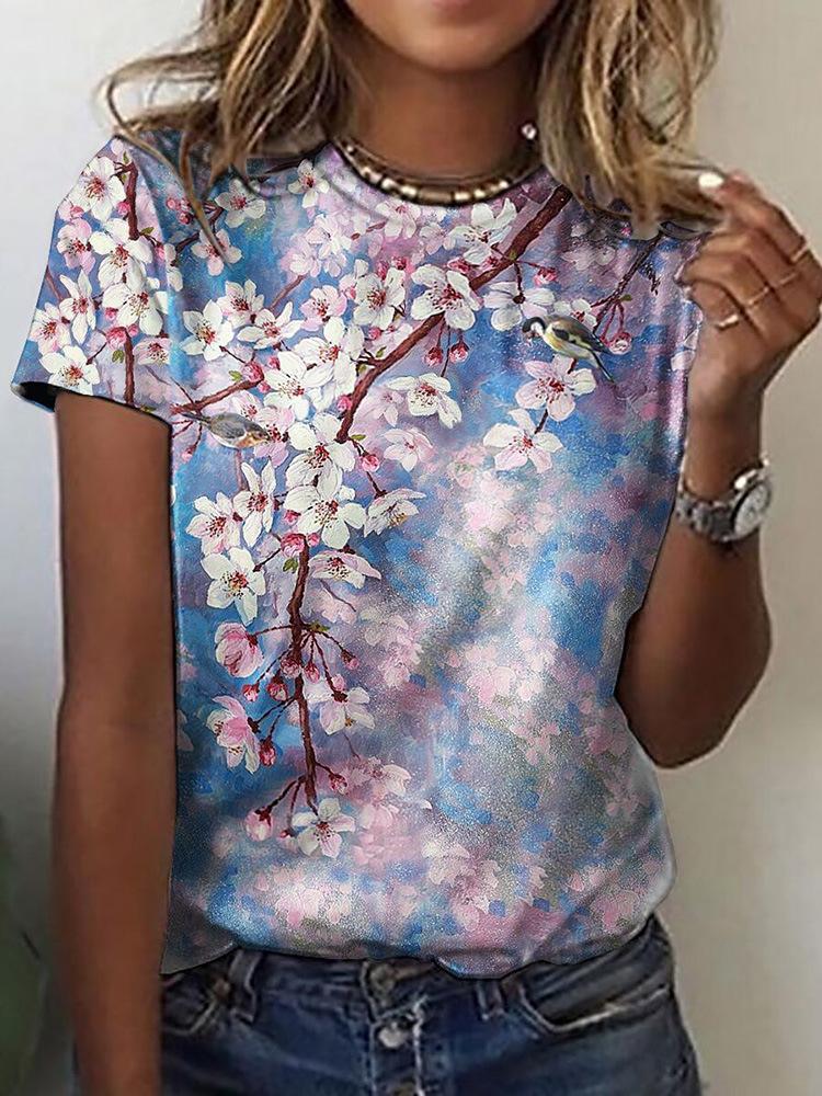 Floral Print Round Neck Short Sleeve T-Shirt - T-Shirts - INS | Online Fashion Free Shipping Clothing, Dresses, Tops, Shoes - 10-20 - 27/07/2021 - Category_T-Shirts