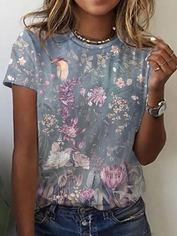 Floral Print Round Neck Short Sleeve T-Shirt - T-Shirts - INS | Online Fashion Free Shipping Clothing, Dresses, Tops, Shoes - 10-20 - 27/07/2021 - Category_T-Shirts