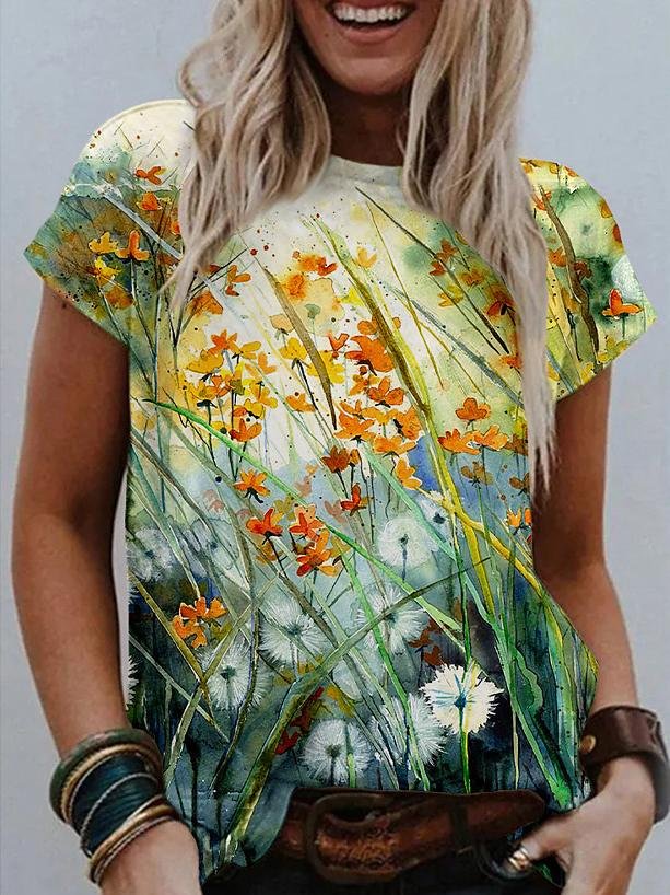 Floral Print Round Neck Short Sleeve T-shirt - T-shirts - INS | Online Fashion Free Shipping Clothing, Dresses, Tops, Shoes - 01/06/2021 - Color_Green - Color_Red