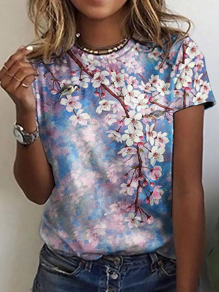 Floral Print Round Neck Short Sleeve T-Shirt - T-Shirts - INS | Online Fashion Free Shipping Clothing, Dresses, Tops, Shoes - 10-20 - 27/07/2021 - Category_T-Shirts