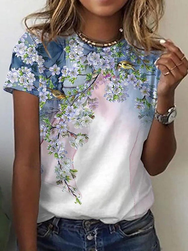 Floral Print Round Neck Short Sleeve T-Shirt - T-Shirts - INS | Online Fashion Free Shipping Clothing, Dresses, Tops, Shoes - 10-20 - 27/07/2021 - Category_T-Shirts