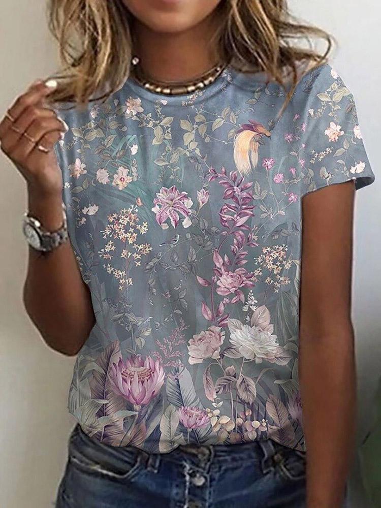 Floral Print Round Neck Short Sleeve T-Shirt - T-Shirts - INS | Online Fashion Free Shipping Clothing, Dresses, Tops, Shoes - 10-20 - 27/07/2021 - Category_T-Shirts