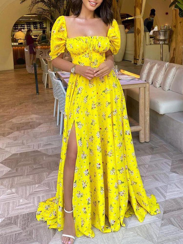 Floral Print Ruched High Slit Maxi Dress - Maxi Dresses - INS | Online Fashion Free Shipping Clothing, Dresses, Tops, Shoes - 28/04/2021 - Color_Yellow - DRE210428089