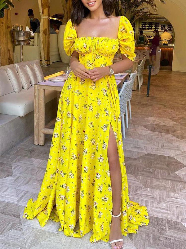 Floral Print Ruched High Slit Maxi Dress - Maxi Dresses - INS | Online Fashion Free Shipping Clothing, Dresses, Tops, Shoes - 28/04/2021 - Color_Yellow - DRE210428089