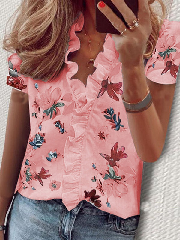 Floral Print Ruffle Short Sleeve Blouses - Blouses - INS | Online Fashion Free Shipping Clothing, Dresses, Tops, Shoes - 10-20 - 22/07/2021 - BLO2107221246