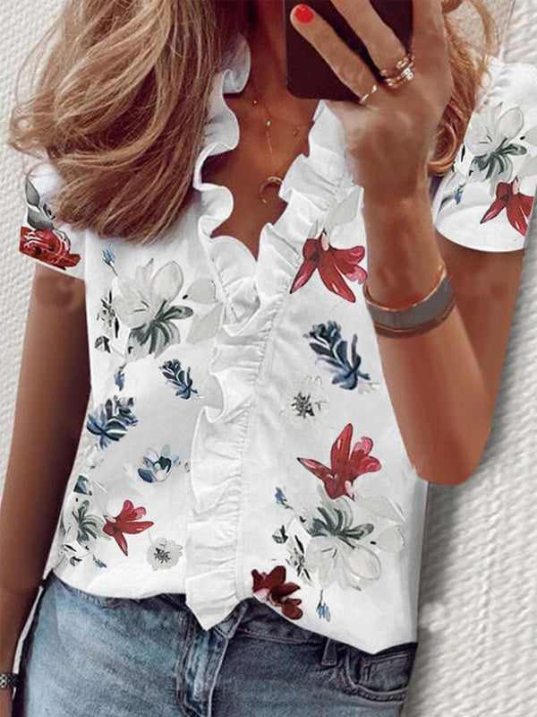 Floral Print Ruffle Short Sleeve Blouses - Blouses - INS | Online Fashion Free Shipping Clothing, Dresses, Tops, Shoes - 10-20 - 22/07/2021 - BLO2107221246